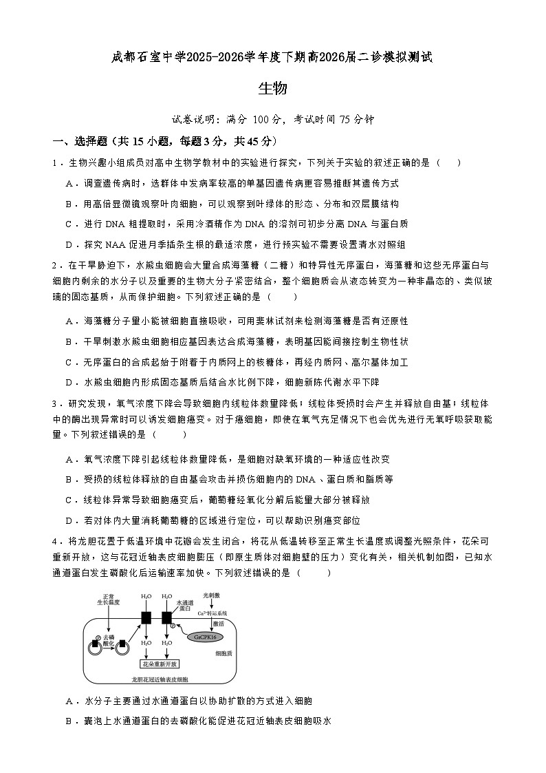 成都石室中学2025-2026学年下学期高三高考二模生物学试卷含答案第1页