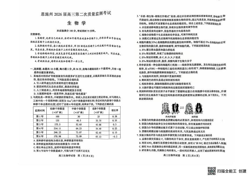 恩施州2026届高三第二次质量监测考试 生物第1页