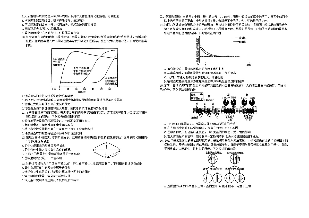 河北省保定市十县一中2024~2025学年高三上学期12月联考生物试题第2页