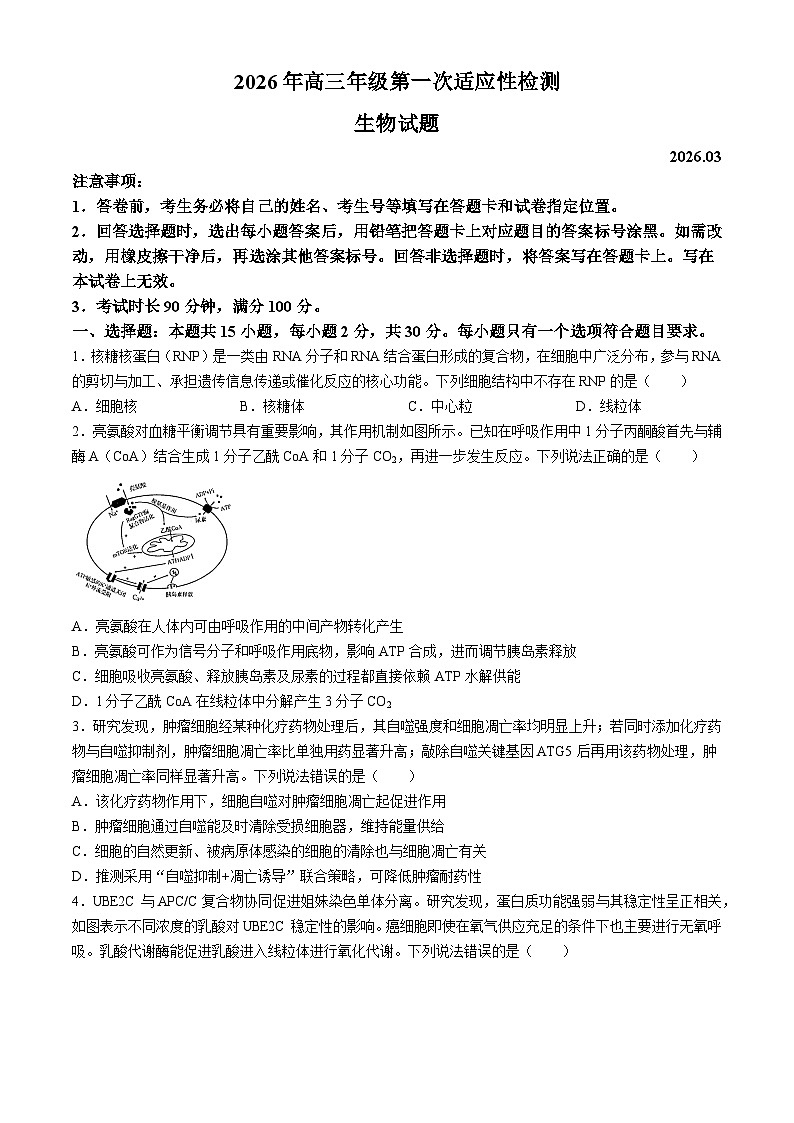 2026青岛高三下学期一模生物试题含答案第1页