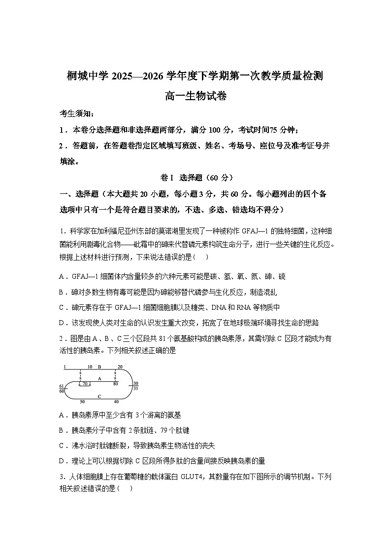 安徽省桐城中学2025-2026学年高一下学期开学考试生物试题含答案第1页