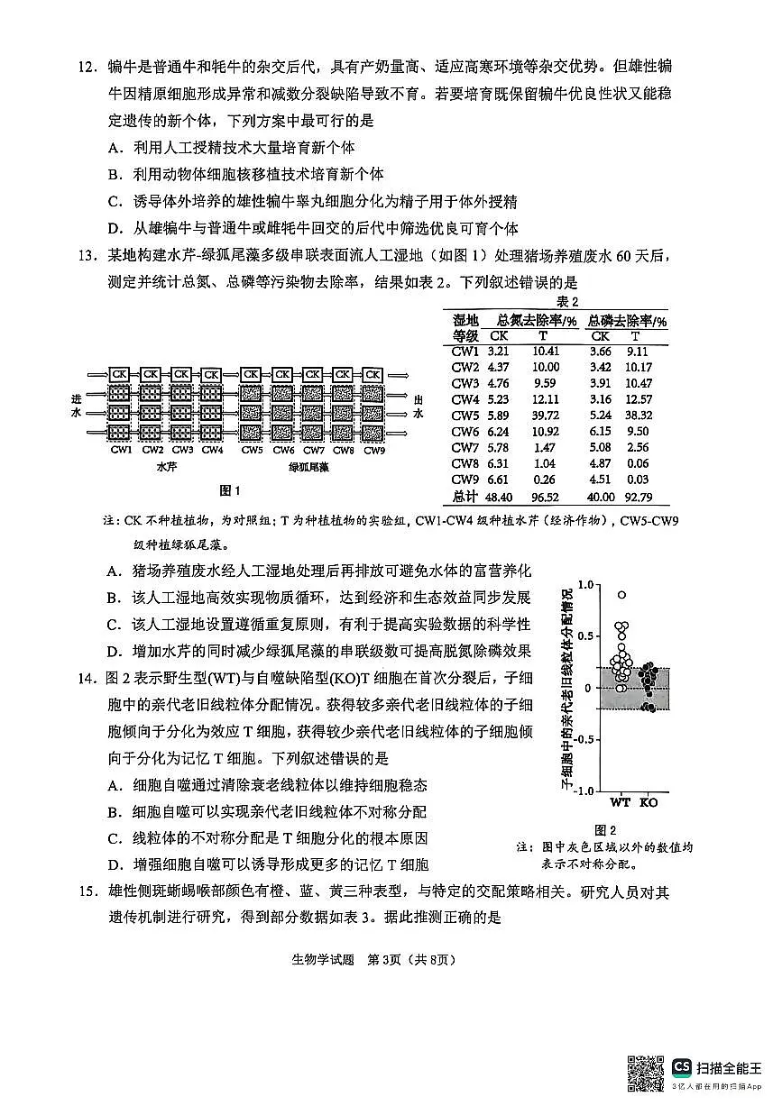 江门市2026年高考模拟考试生物学科试卷(1)第3页