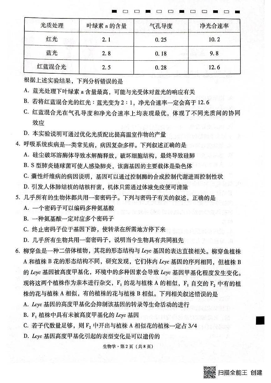 西南名校联盟2026届“3+3+3”高考备考诊断性联考（二）生物第2页