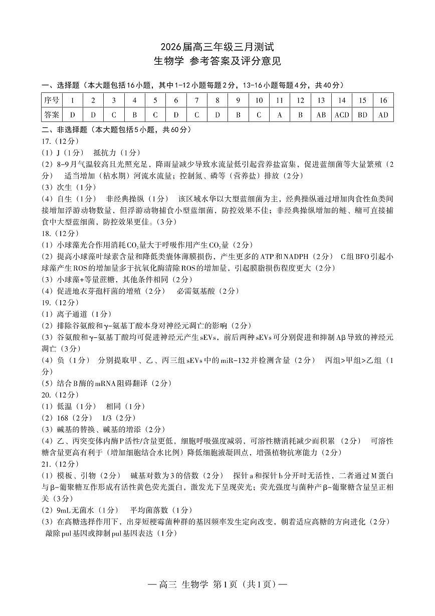 南昌市2025-2026学年高三下学期一模测试 生物答案第1页