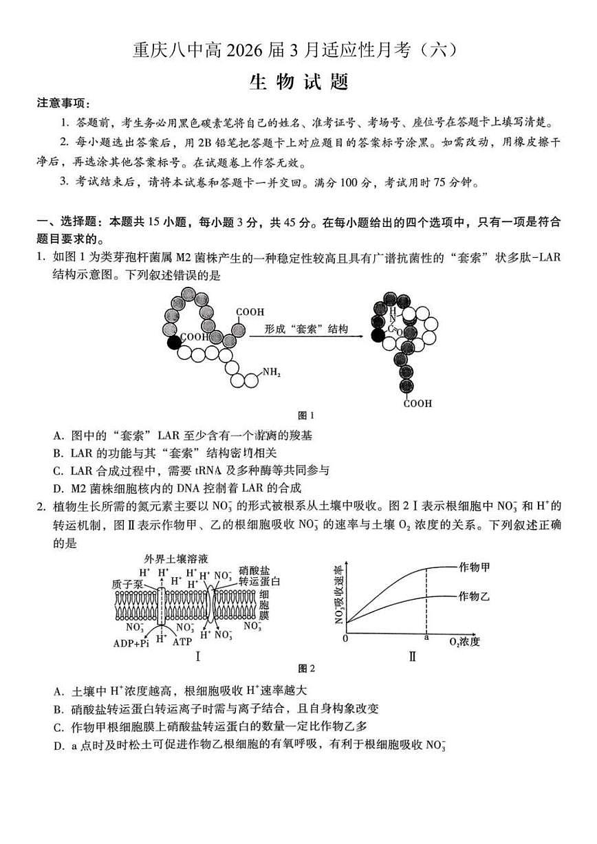 生物-重庆市重庆第八中学2026届高考适应性月考卷（六）试卷及答案第1页