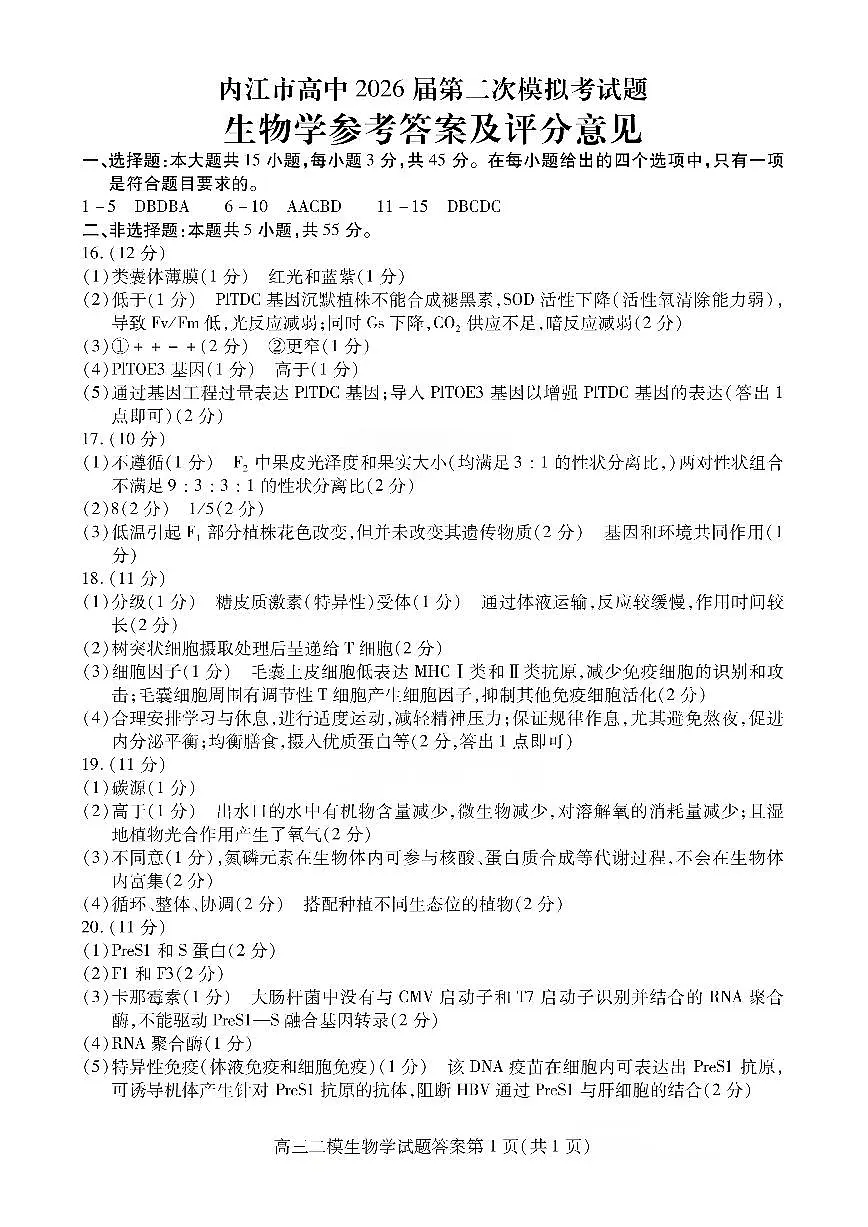内江市高中2026届第二次模拟考试题 生物答案第1页