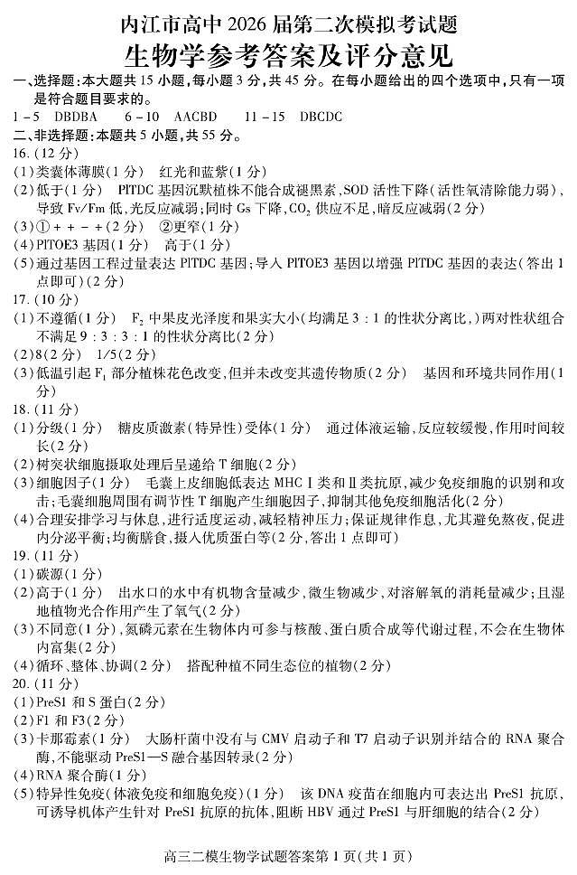 内江市高中2026届第二次模拟考试题 生物答案第1页