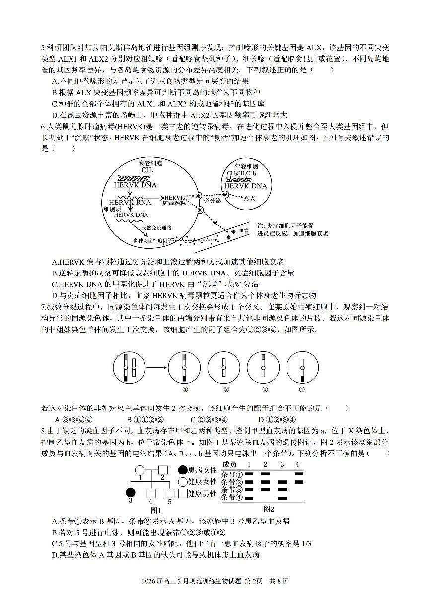 安徽省合肥市一六八中学2026届高三3月份规范训练 生物第2页