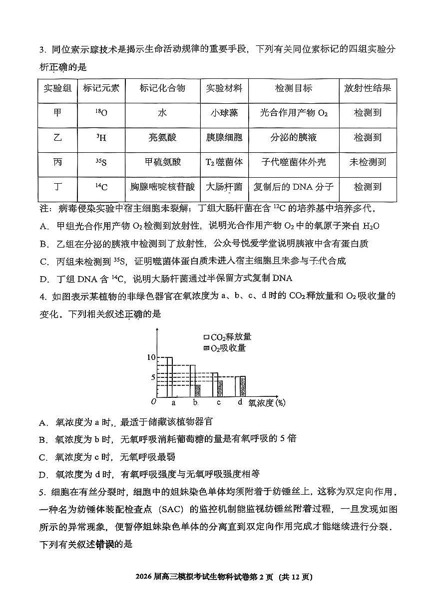 吉林五校联考(长春11高、四平一中等)2026届高三下学期模拟考试生物试卷（无答案）第2页