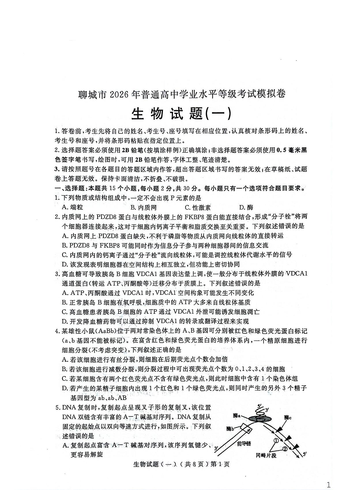 聊城市2026年普通高中学业水平等级考试模拟卷 生物第1页
