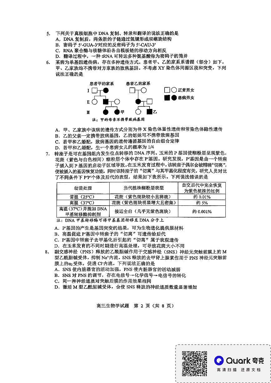 淄博市2025-2026学年度高三模拟考试 生物第2页
