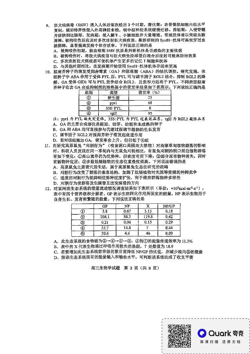 淄博市2025-2026学年度高三模拟考试 生物第3页