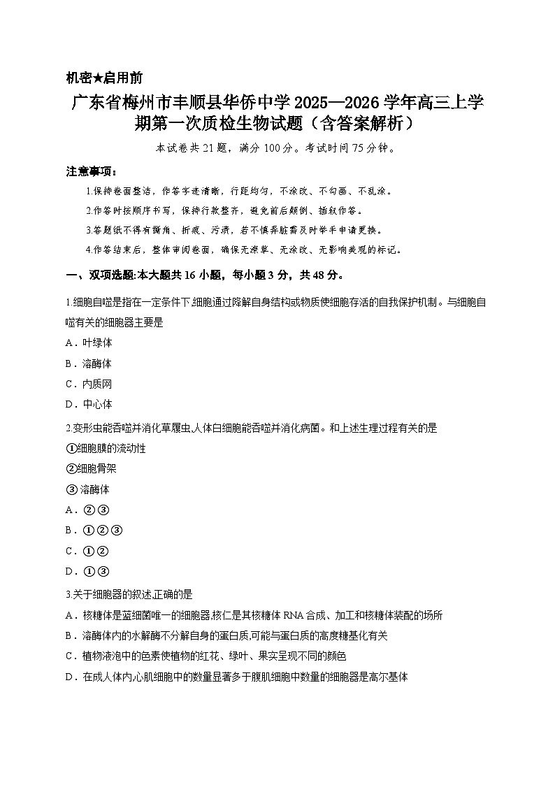 广东省梅州市丰顺县华侨中学2025—2026学年高三上学期第一次质检生物试题（含答案解析）第1页