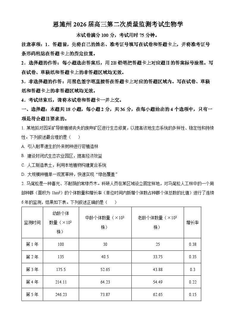 湖北省恩施土家族苗族自治州2026届高三二模生物试题（原卷版）第1页