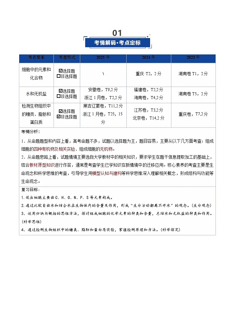 高考生物二轮-细胞中的元素和化合物（复习讲义）（全国通用）（解析版）第2页