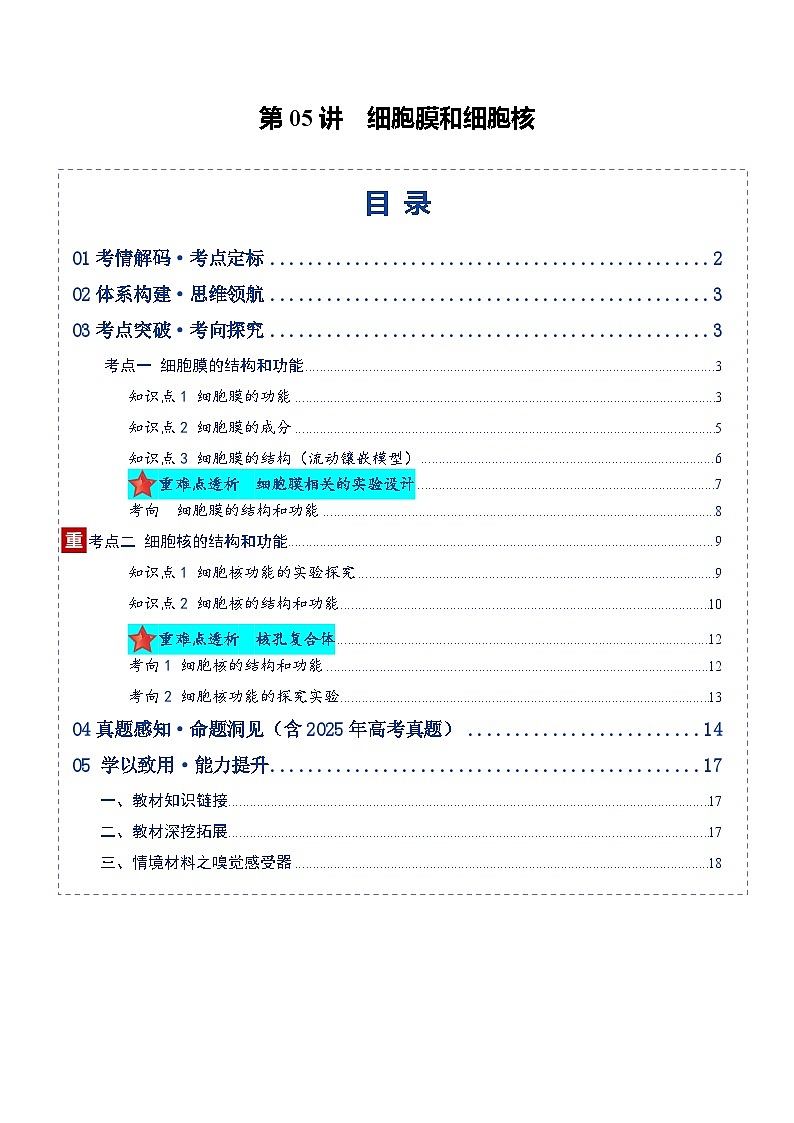 高考生物二轮-细胞膜和细胞核（复习讲义）（全国通用）（原卷版）第1页