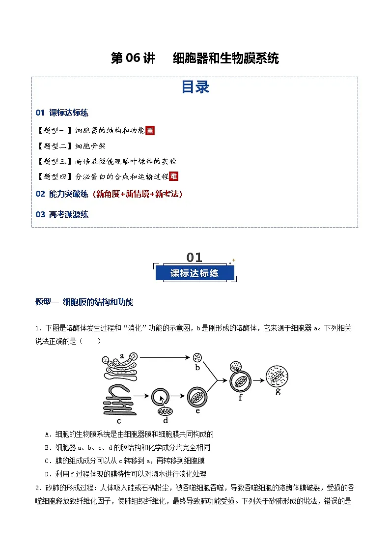 高考生物二轮-细胞器和生物膜系统（专项训练）（原卷版）第1页