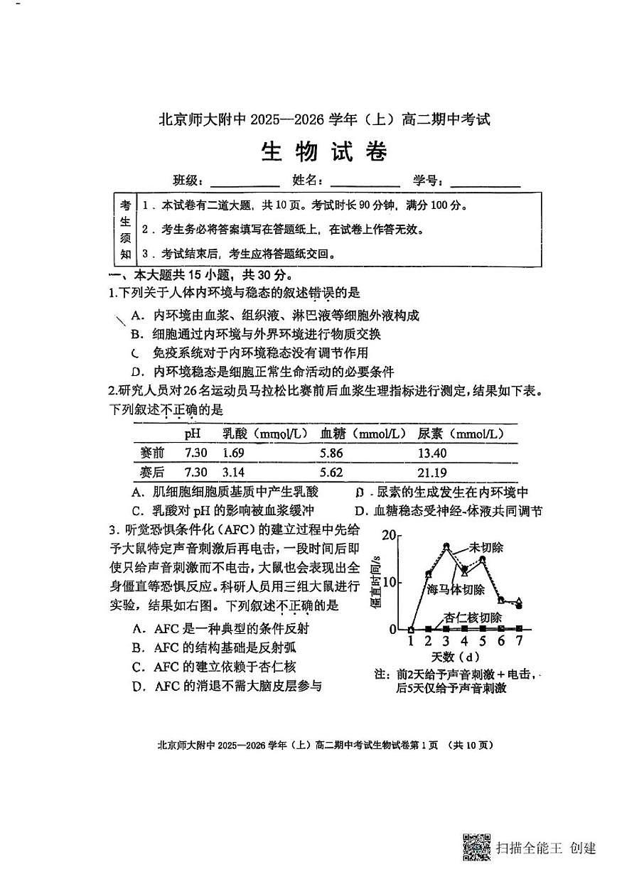 北京师大附中2025-2026学年高二上学期期中考试生物试卷（无答案）第1页