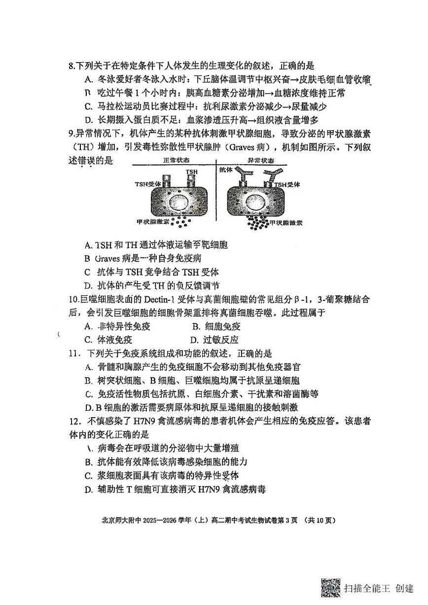 北京师大附中2025-2026学年高二上学期期中考试生物试卷（无答案）第3页