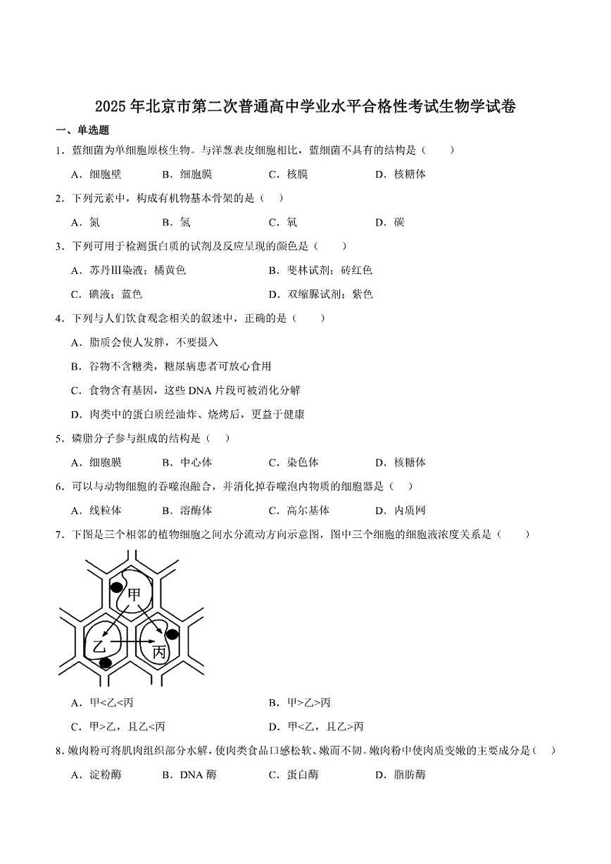 北京市2025年第二次普通高中学业水平合格性考试生物试卷（含答案）第1页