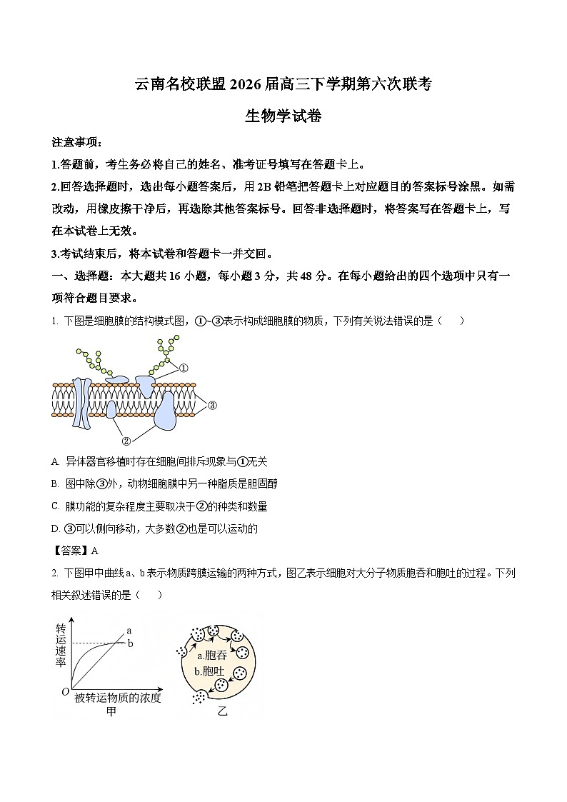 云南省名校联盟2026届高三下学期第六次联考试卷 生物（含解析）第1页