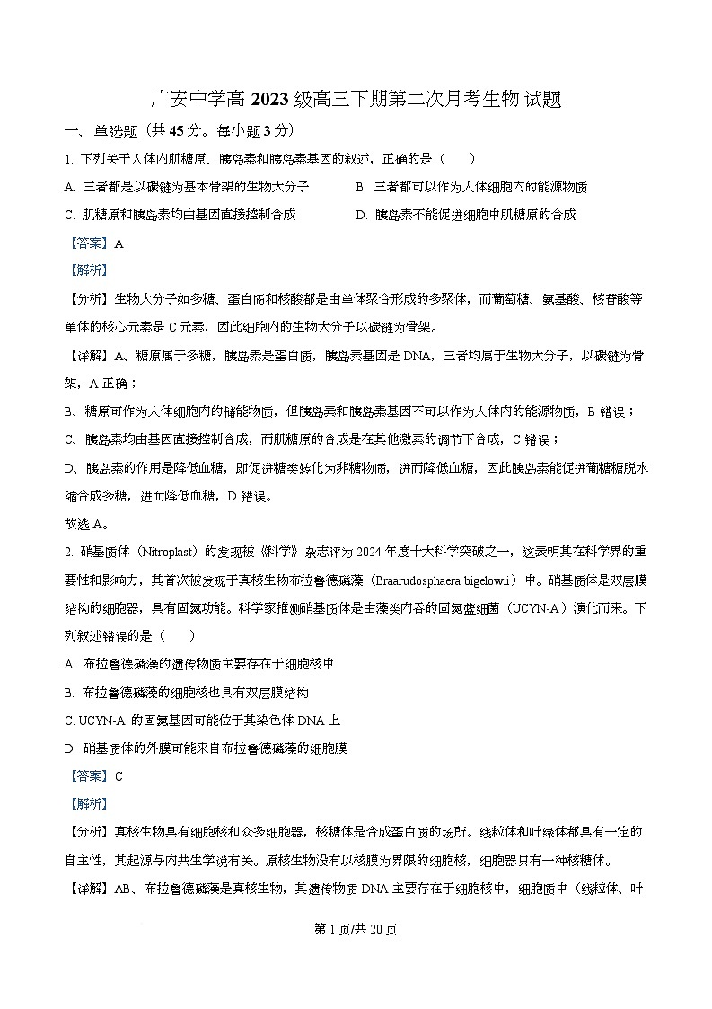 四川省广安中学2026届高三下学期第二次月考生物试题 Word版含解析第1页