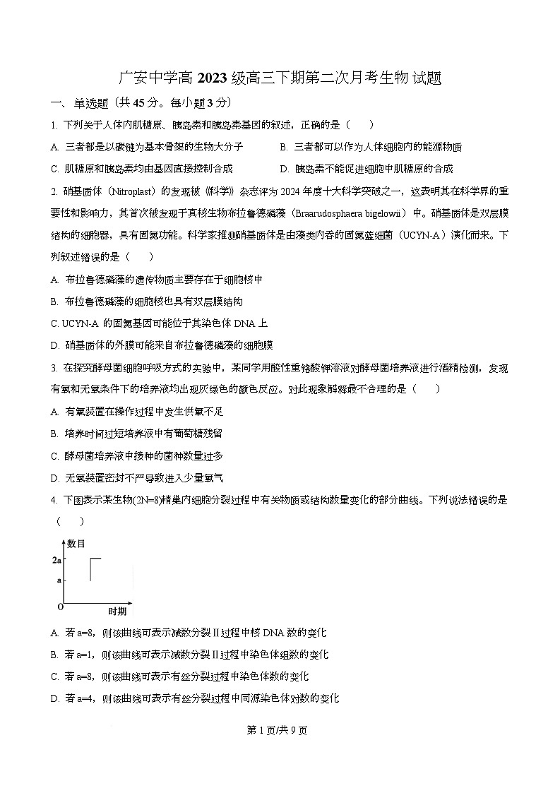 四川省广安中学2026届高三下学期第二次月考生物试题（原卷版）第1页