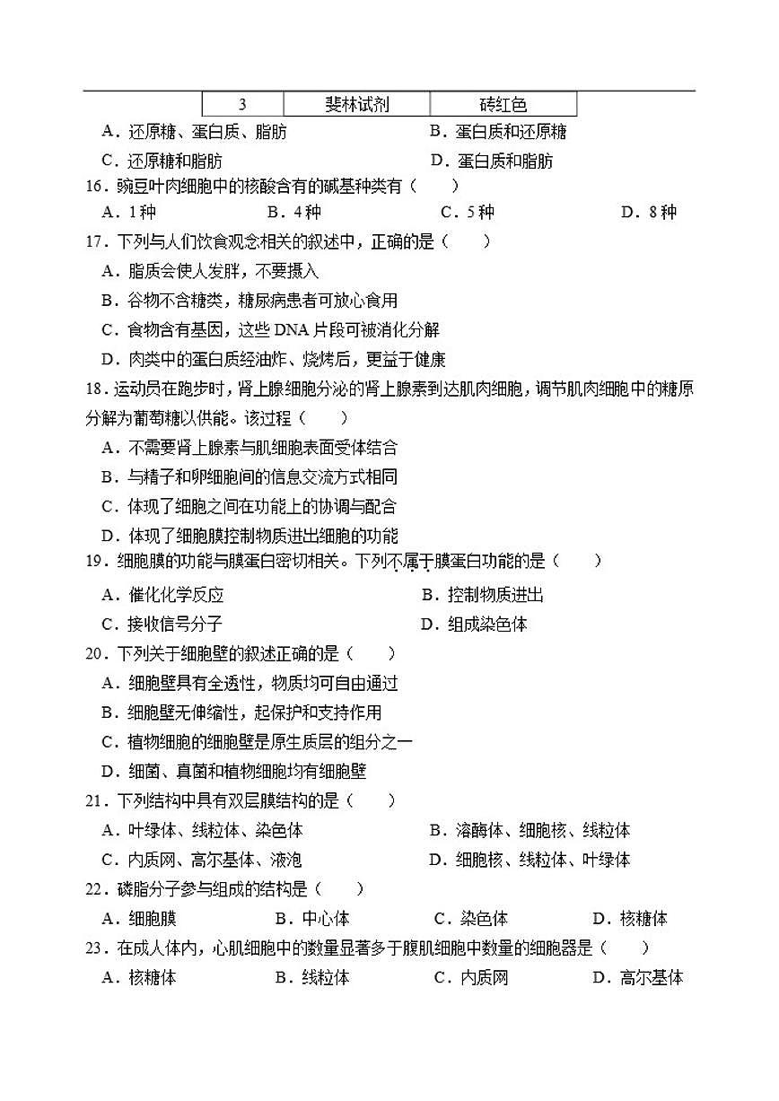 北京市丰台区2025-2026学年高一上学期11月期中生物试题（无答案）第3页