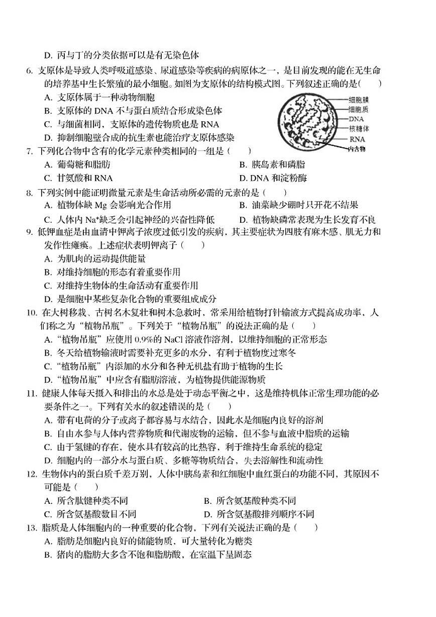 北京市第二中学2025-2026学年高一上学期第一次月考生物试题（无答案）第2页
