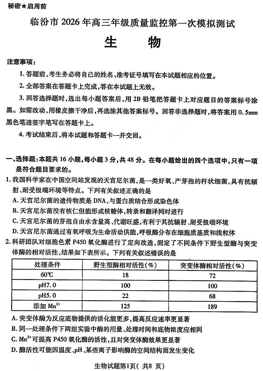 临汾市2026年高三年级质量监控第一次模拟测试 生物第1页