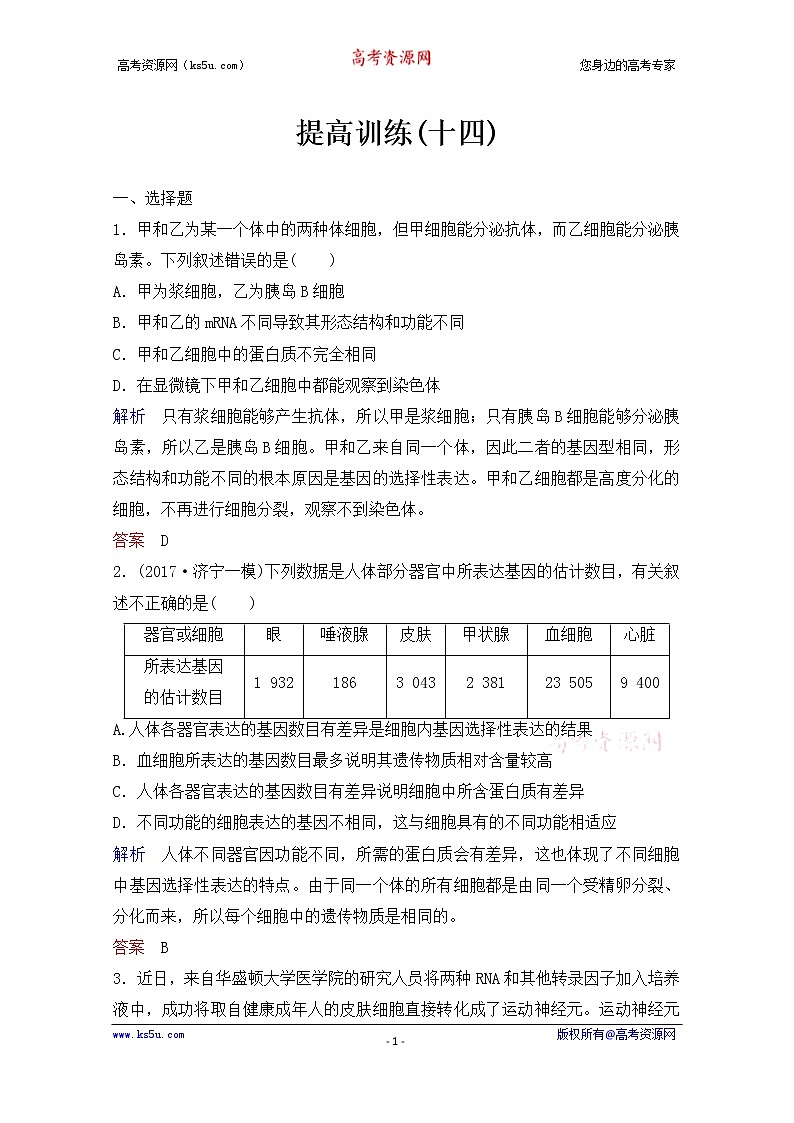 2020年人教版生物高考总复习练习：第四单元 第3讲 细胞的分化、衰老、凋亡和癌变第1页