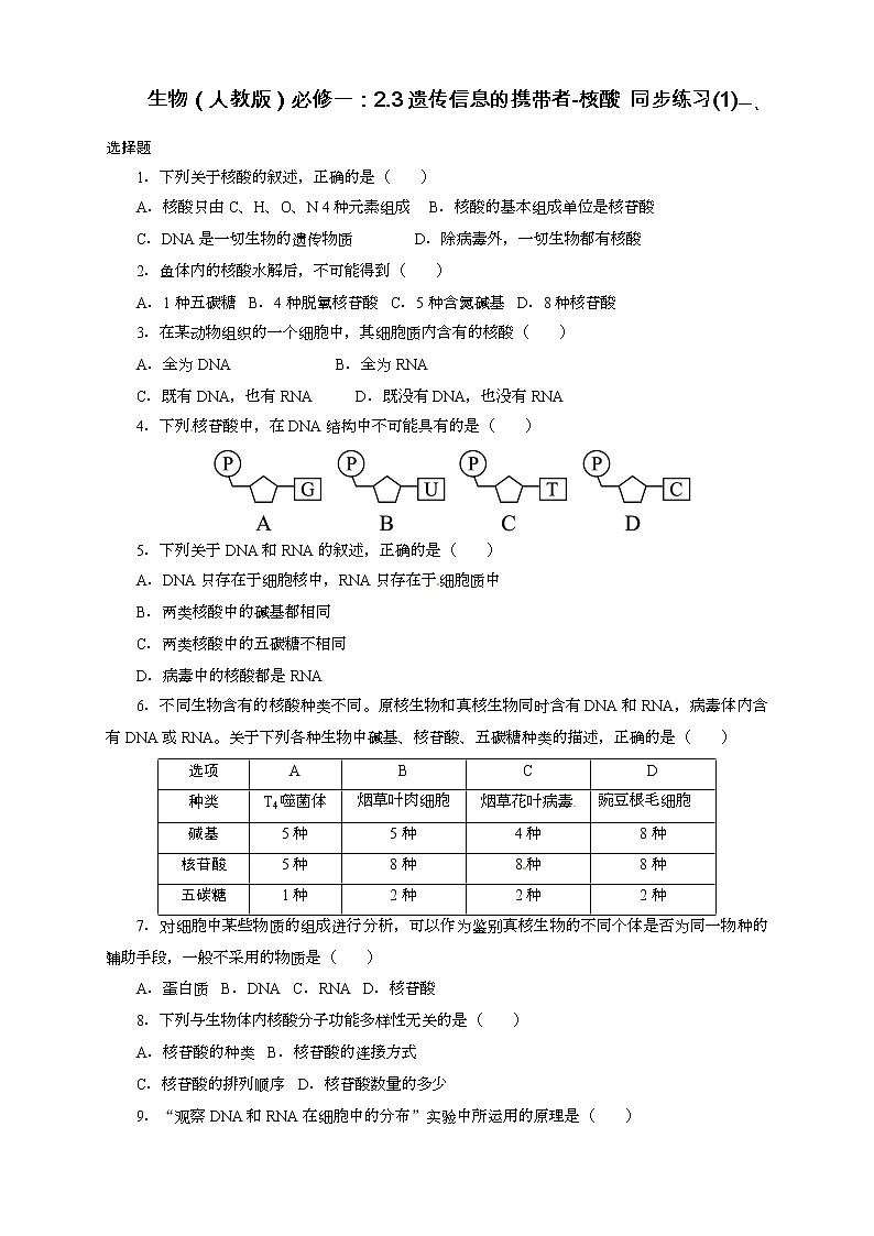 生物（人教版）必修一：2.3遗传信息的携带者-核酸 同步练习01