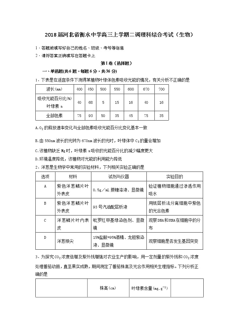 2018届河北省衡水中学高三上学期二调理科综合考试（生物）01