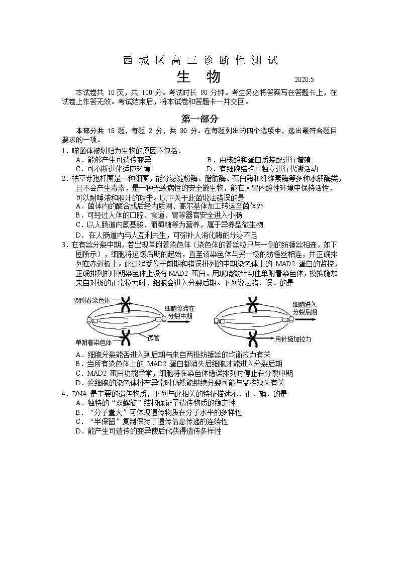 北京市西城区2020年5月高三生物诊断测试试卷第1页