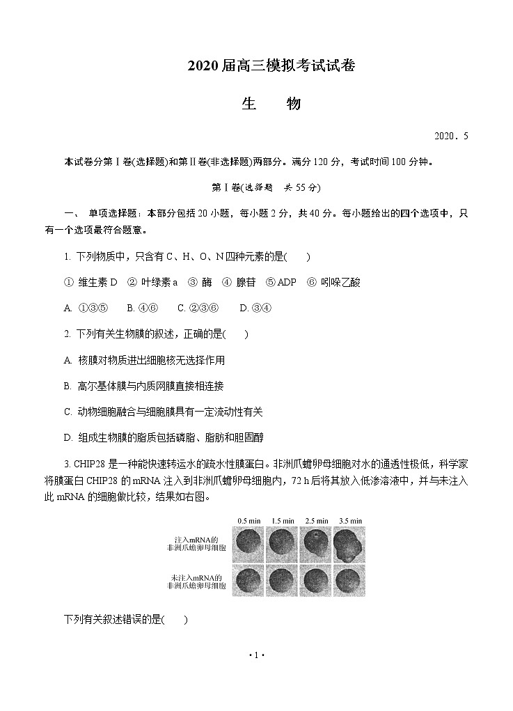 江苏省泰州市2020届高三第二次模拟考试（5月）生物01