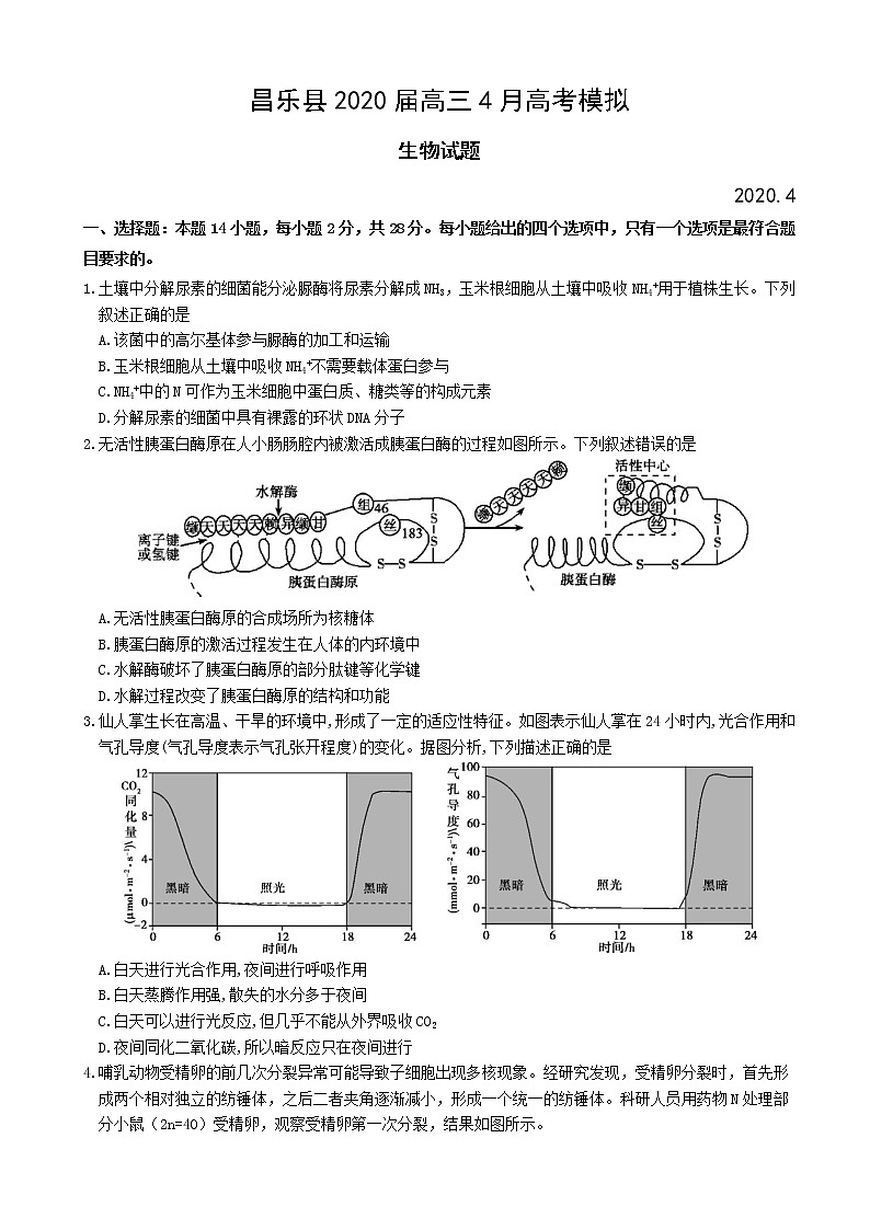 2020届山东省潍坊市昌乐县高三4月高考模拟生物试题第1页