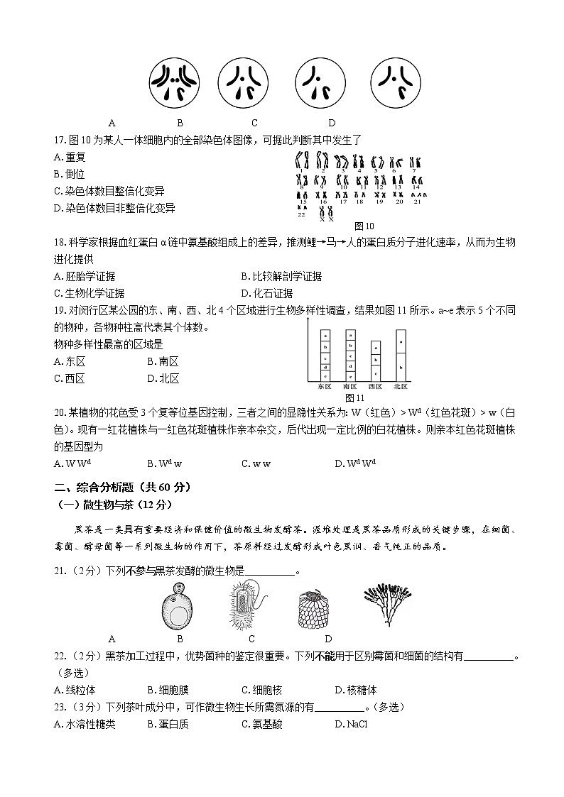2020届上海市闵行区高三上学期质量调研考试（一模）生命科学试题03