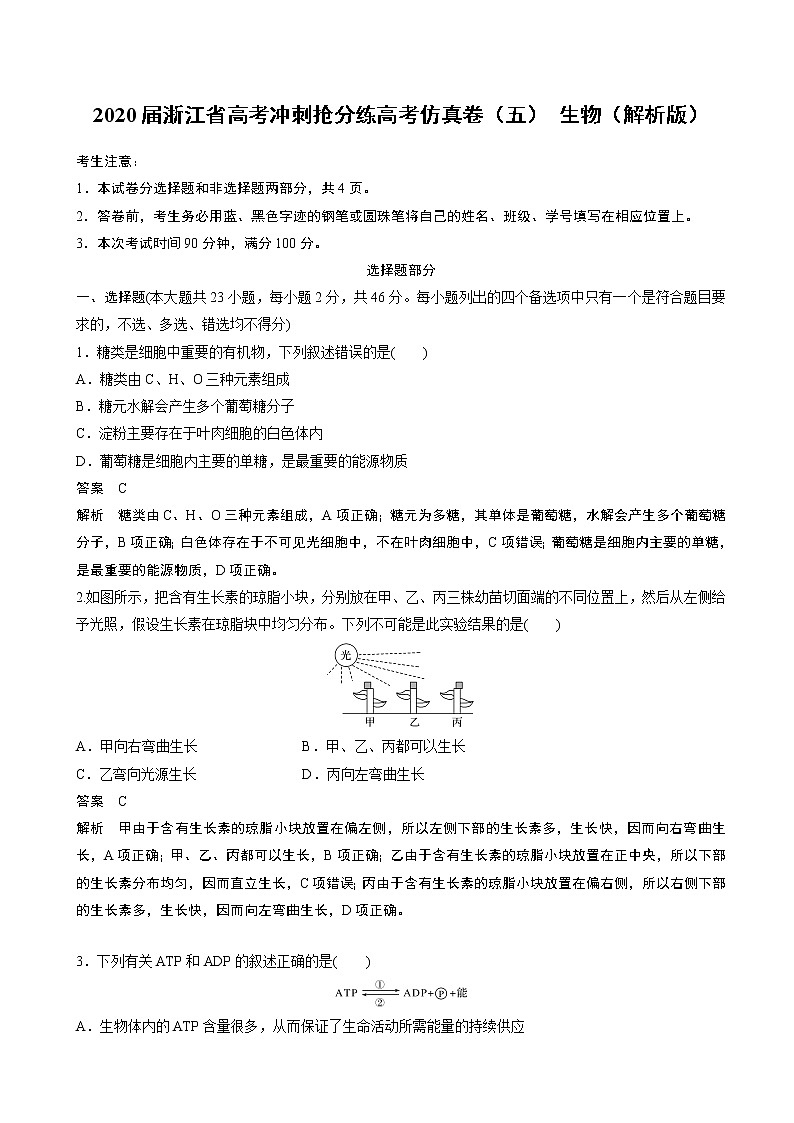 2020届浙江省高考冲刺抢分练高考仿真卷（五） 生物（解析版）第1页