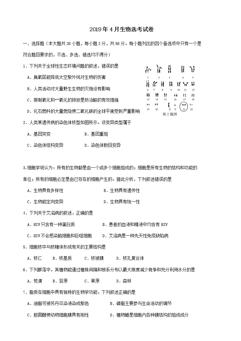 2019年浙江省高三4月普通高中学业水平考试生物试卷（word版）第1页