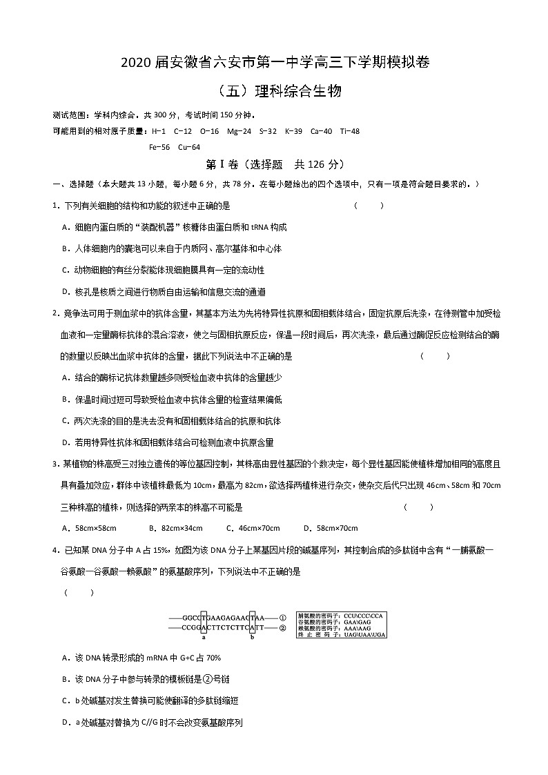 2020届安徽省六安市第一中学高三下学期模拟卷（五）理综生物试题（解析版）01