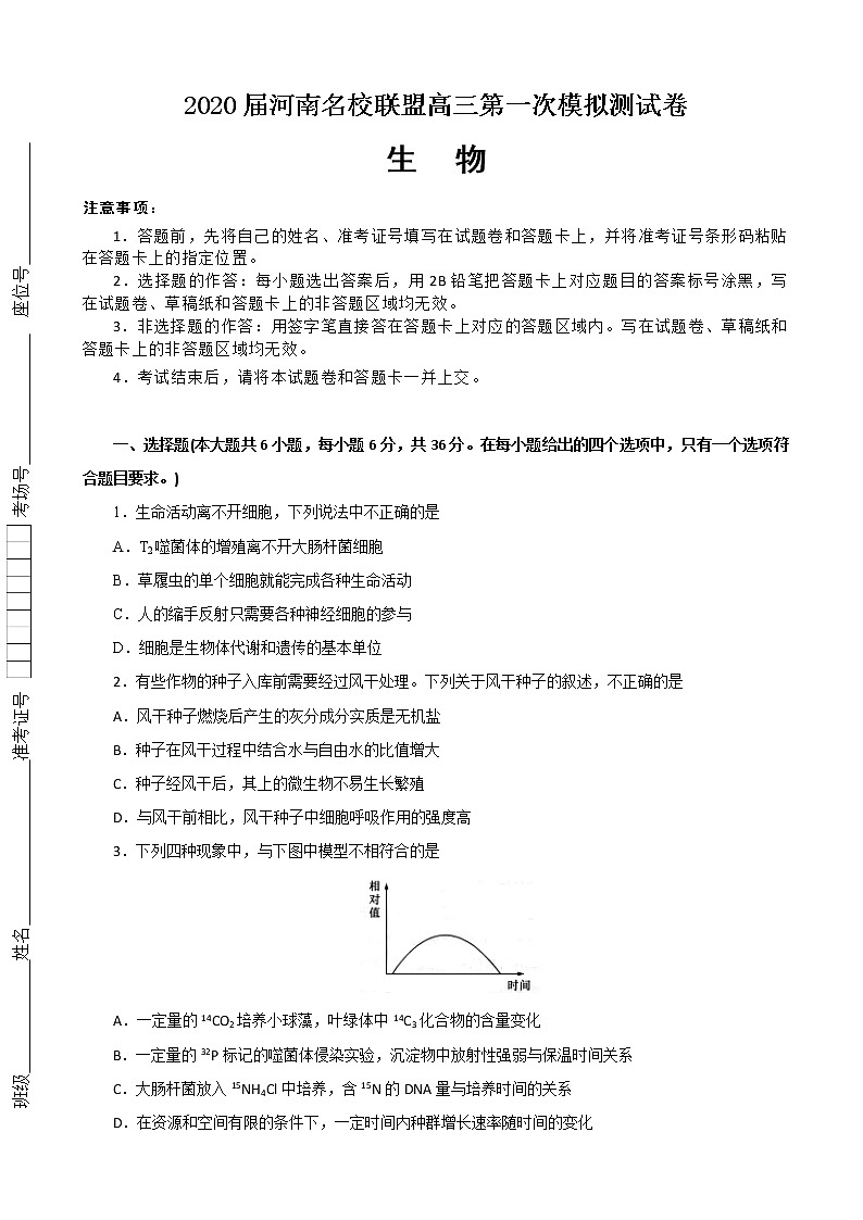 2020届河南名校联盟高三上学期第一次模拟考试生物试题（解析版）01