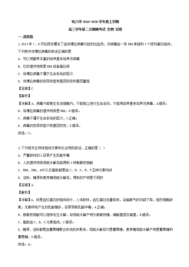 2020届黑龙江省哈尔滨市六中高三（10月）第二次调研生物试题（解析版）01