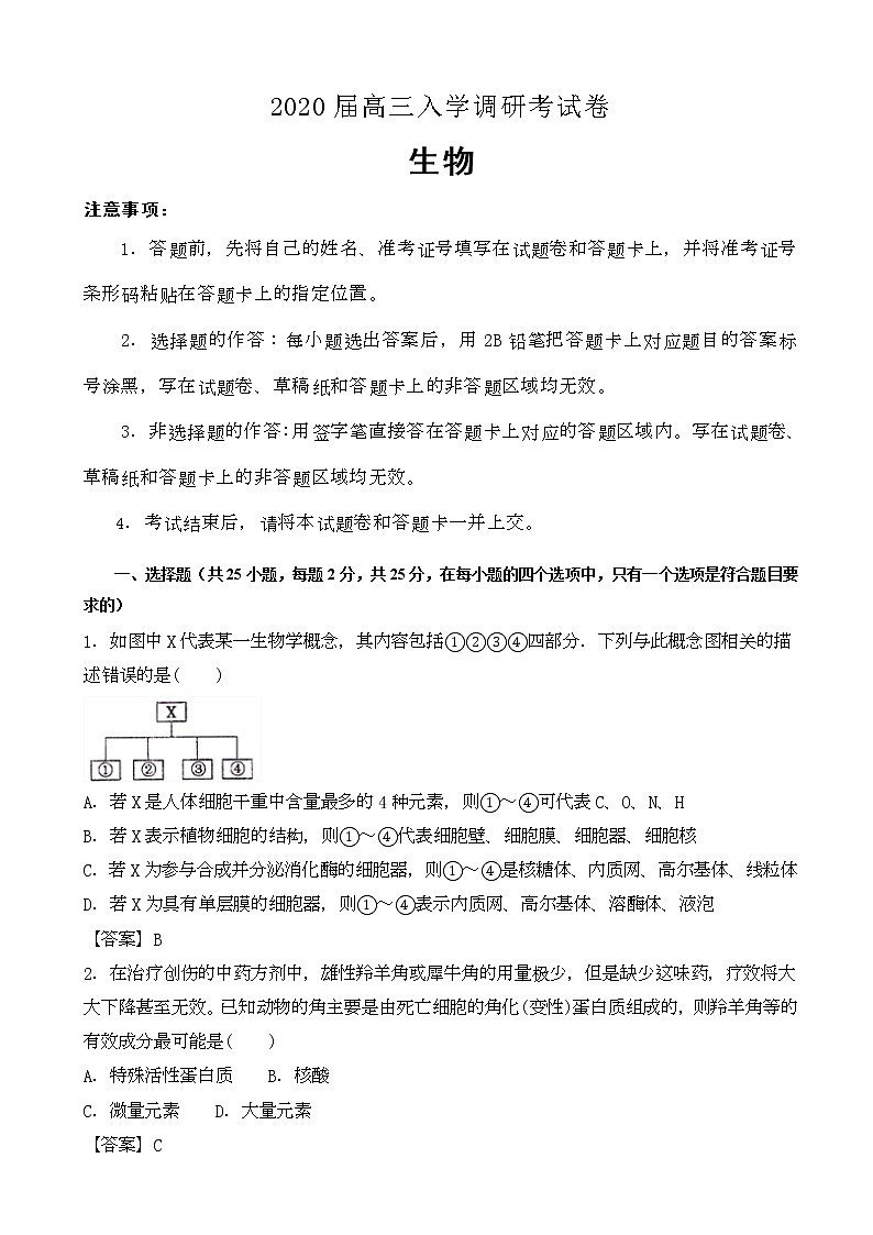 2020届湖北省名师联盟高三入学调研考试生物试题（word版）01