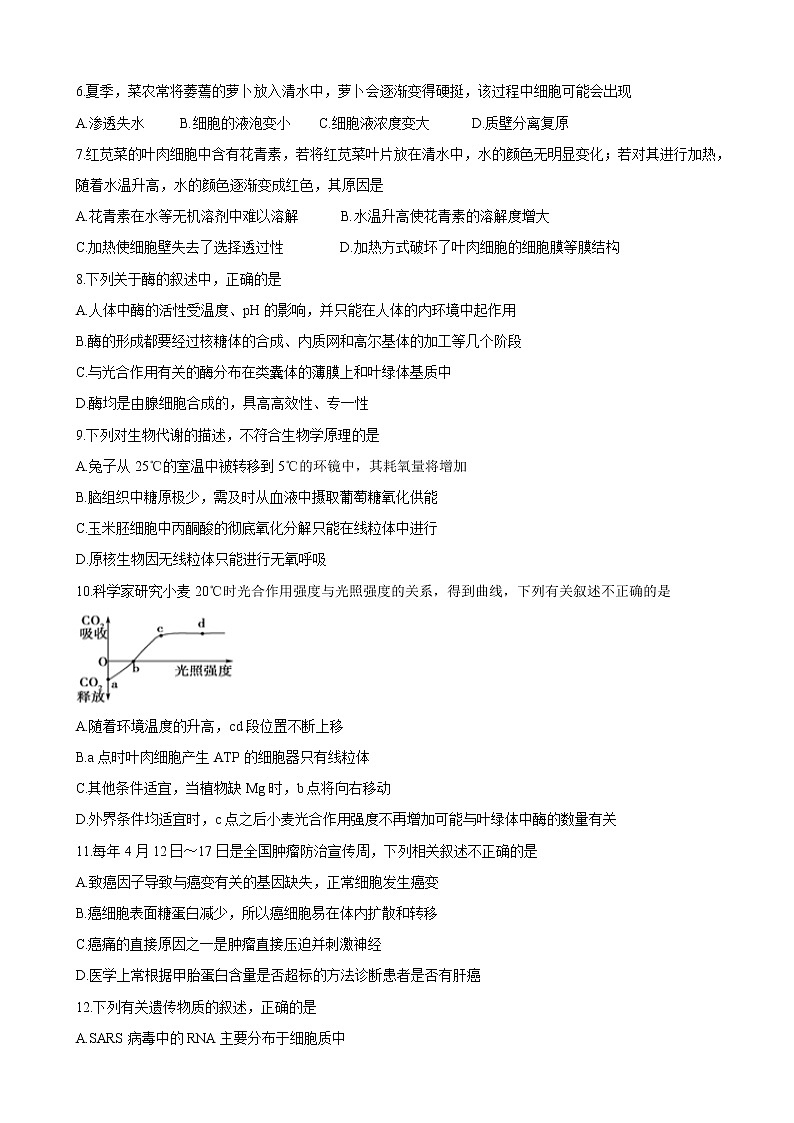 2020届吉林省吉林市普通高中高三上学期毕业班第一次调研测试 生物02