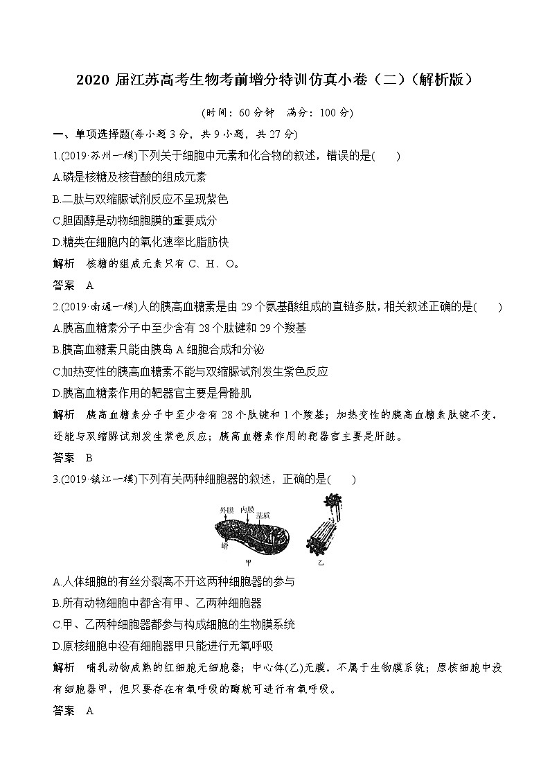 2020届江苏高考生物考前增分特训仿真小卷（二）（解析版）第1页