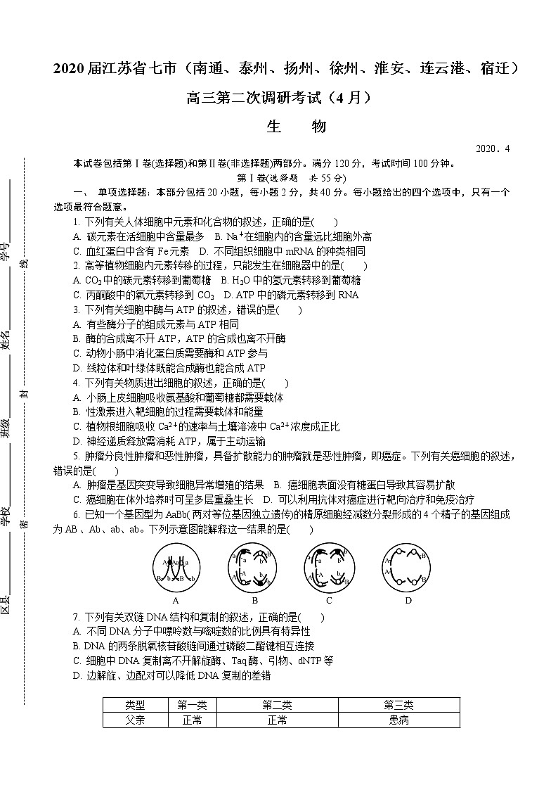 2020届江苏省七市（南通、泰州、扬州、徐州、淮安、连云港、宿迁）高三第二次调研考试（4月）生物01