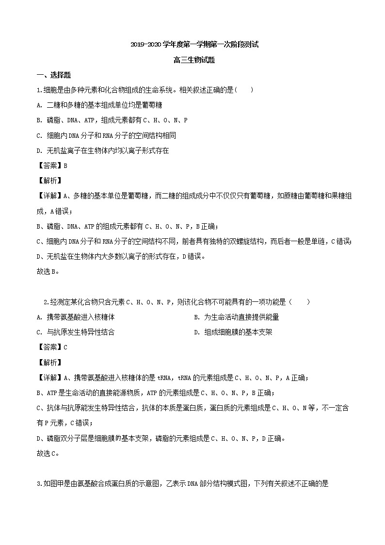 2020届江苏省宿迁市沭阳县重点自学高三上学期入学考试生物试题（解析版）01