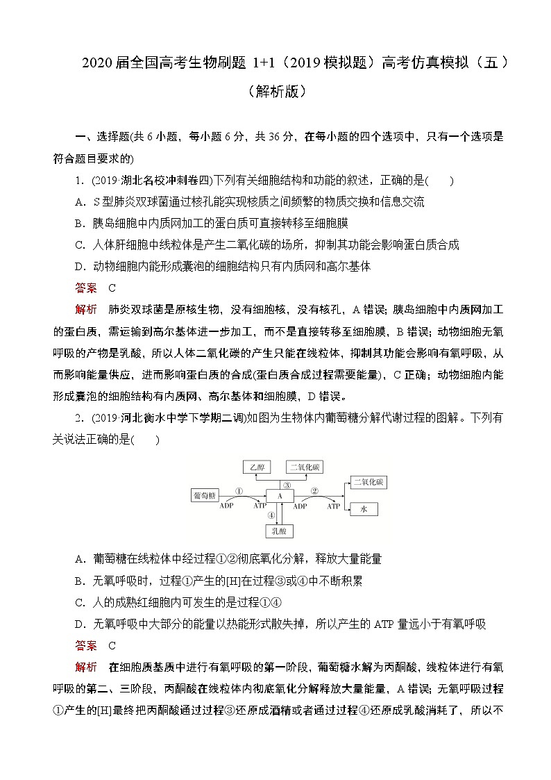2020届全国高考生物刷题1 1（2019模拟题）高考仿真模拟（五）（解析版）第1页