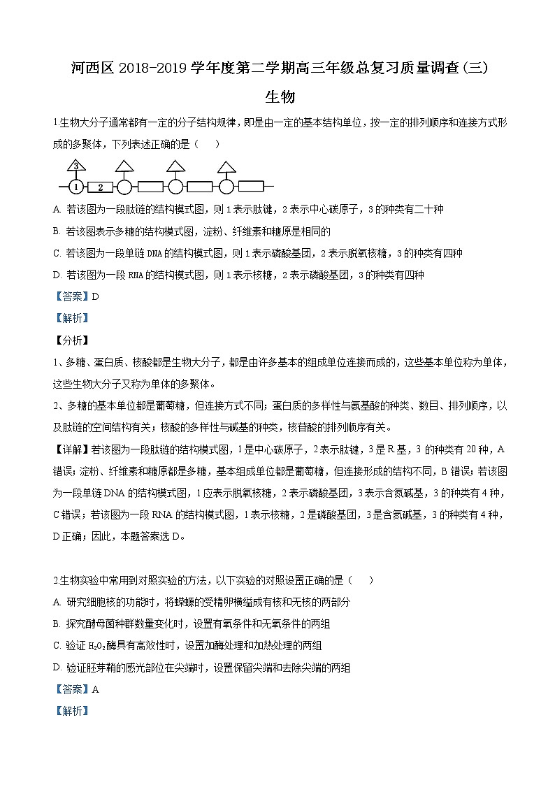 2019届天津市河西区高三下学期第三次模拟考试生物试卷（解析版）01