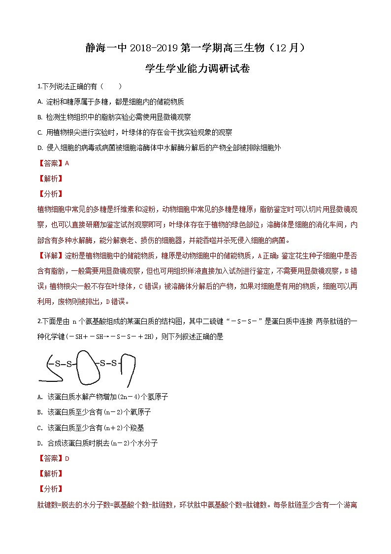 2019届天津市静海县第一中学高三上学期12月学生学业能力调研生物试卷（解析版）第1页